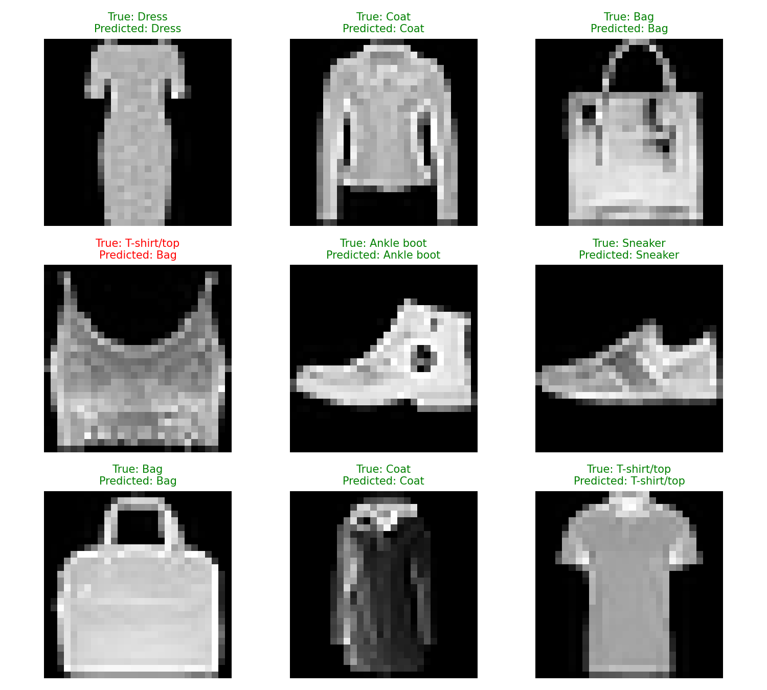 Nine clothing images with true and predicted labels
